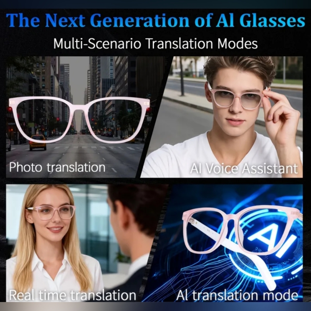 Pink AI Smart glasses w/auto adjust lenses, 5.4 Bluetooth, translation function